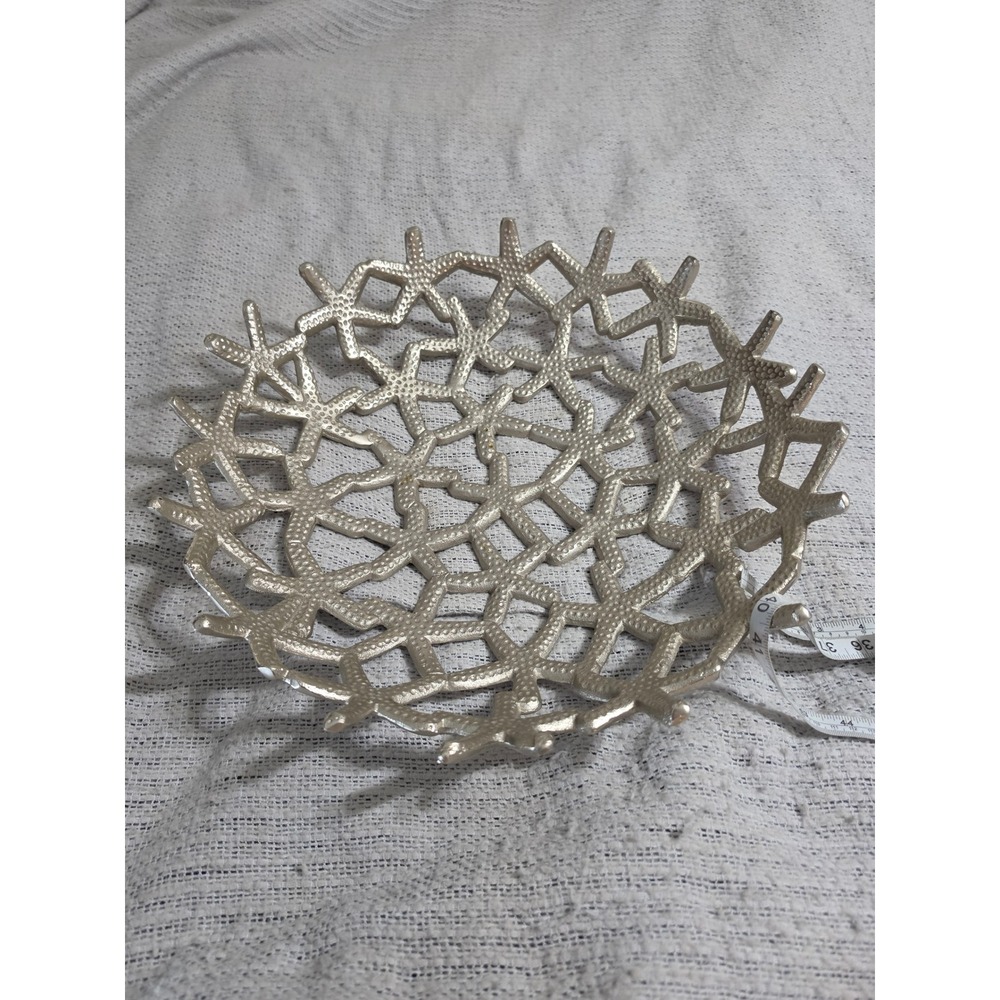 Silver Cast Metal Lattice Decorative Bowl Textured Centerpiece 16.5in